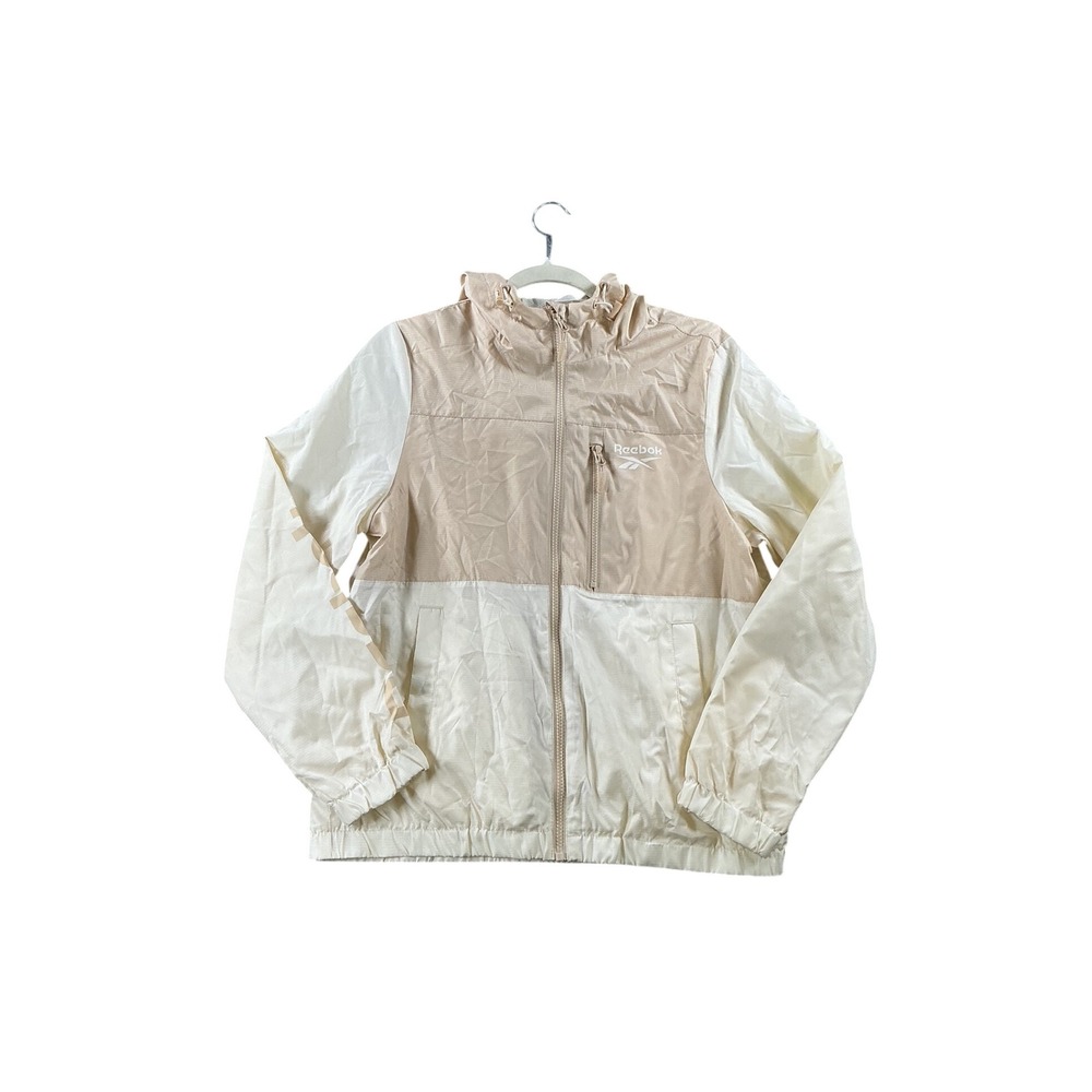 Reebok Womens Small Colorblock Hooded Windbreaker Jacket Tan Cream Ripstop